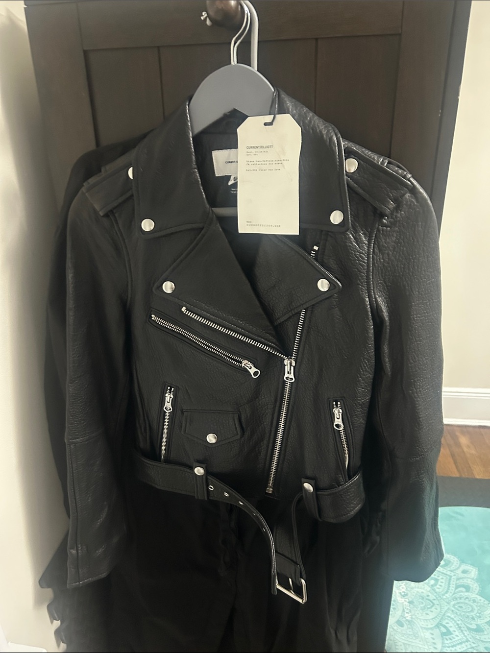 Current/Elliott Black Leather Asymmetrical Moto Jacket with Belt